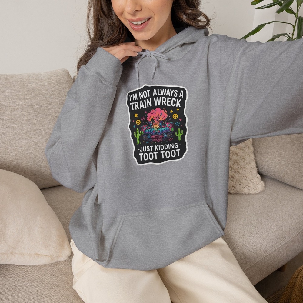 Three Dog Acres Not Always a Train Wreck Graphic Hoodie Gray Funny Train Toot
